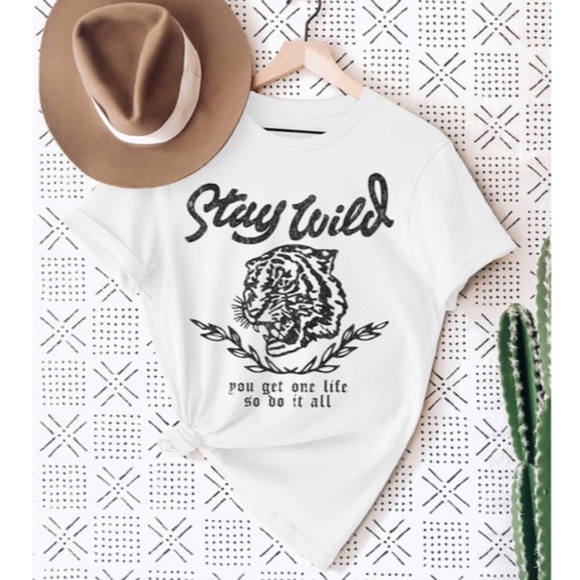 White Stay Wild One Life Tiger Graphic Unisex Tee - Picture 2 of 4